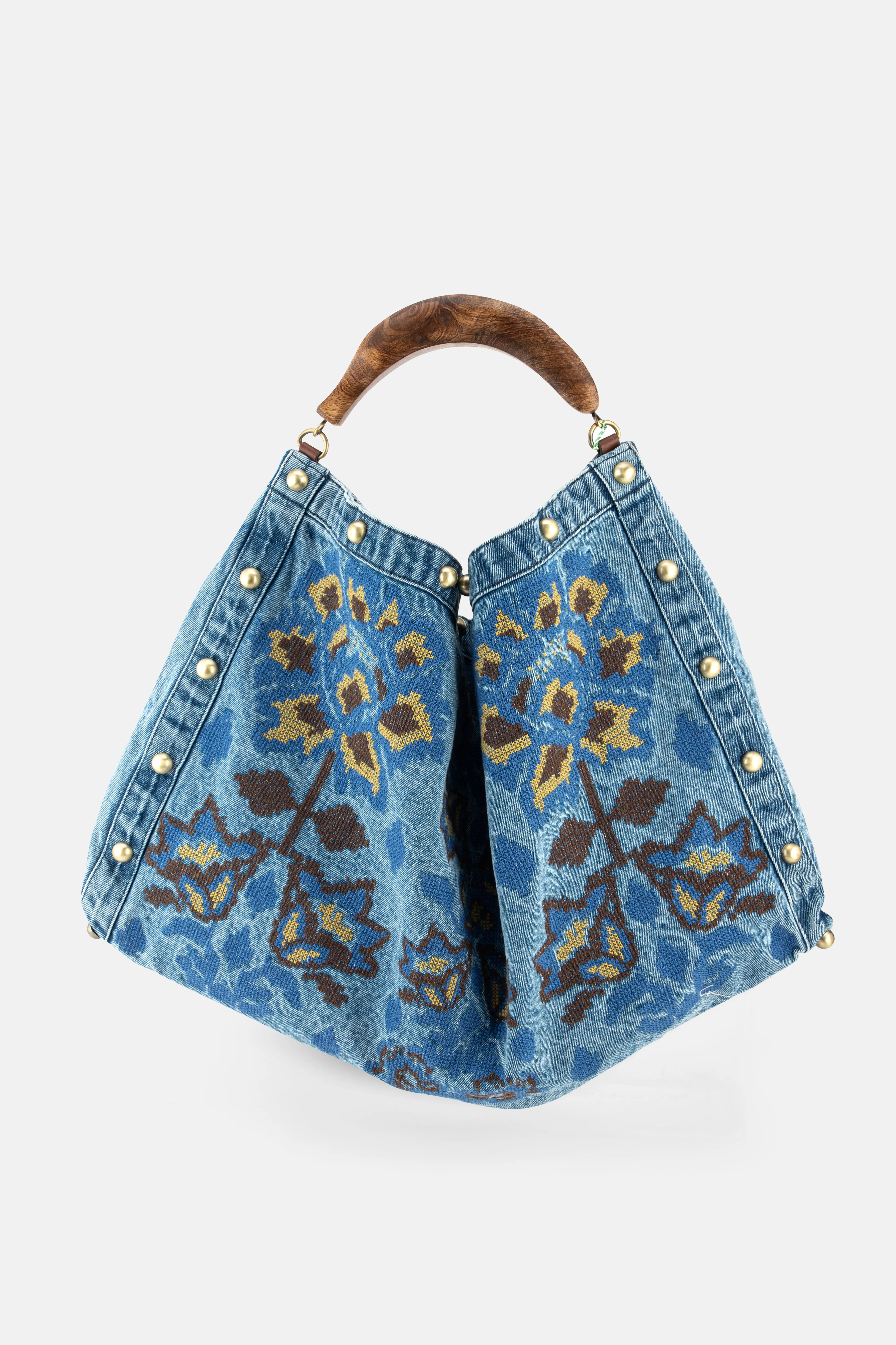 Denim Patterned Top Handle Bag in Blue
