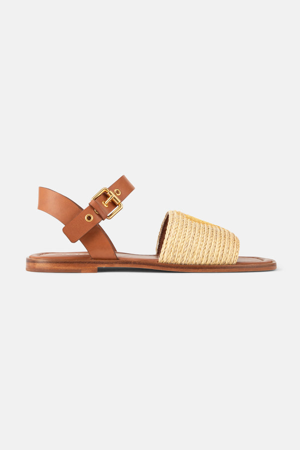 Raffia Open Toed Flat Sandals in Beige
