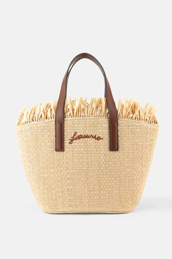 Printed Raffia Mini Basket Tote Bag in Beige