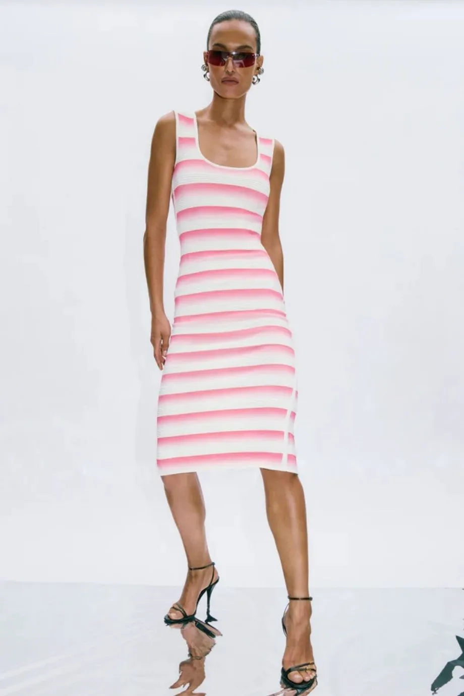 Clea Bandage Sleeveless Knit Midi Dress in White and Pink