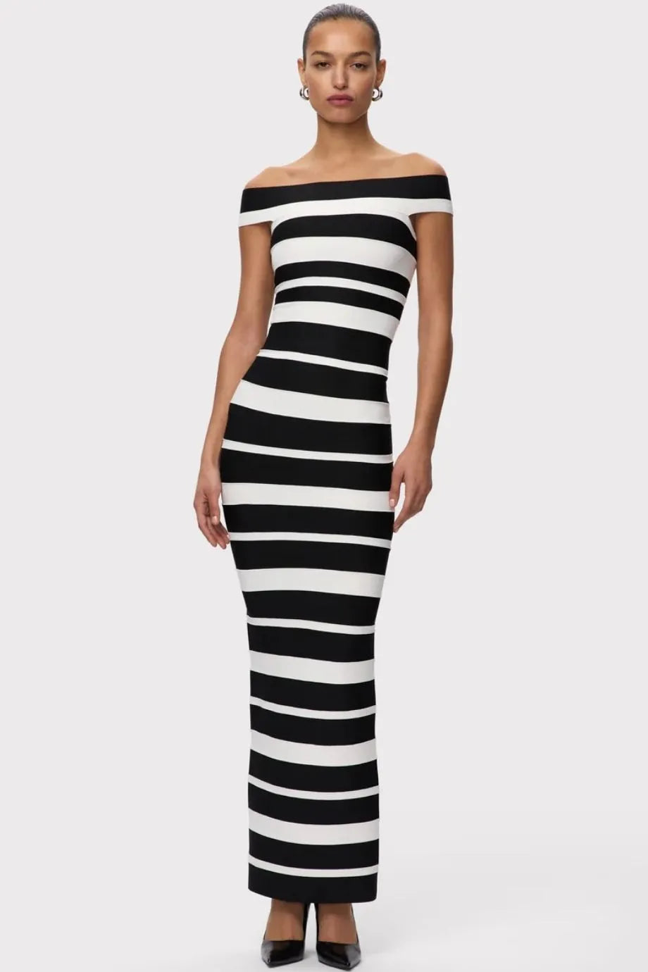 Kiva Off Shoulder Bandage Knit Maxi Dress in Black and White