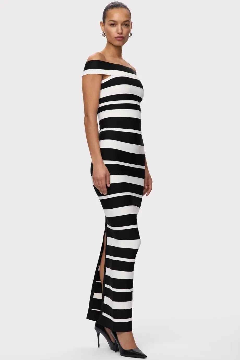 Kiva Off Shoulder Bandage Knit Maxi Dress in Black and White