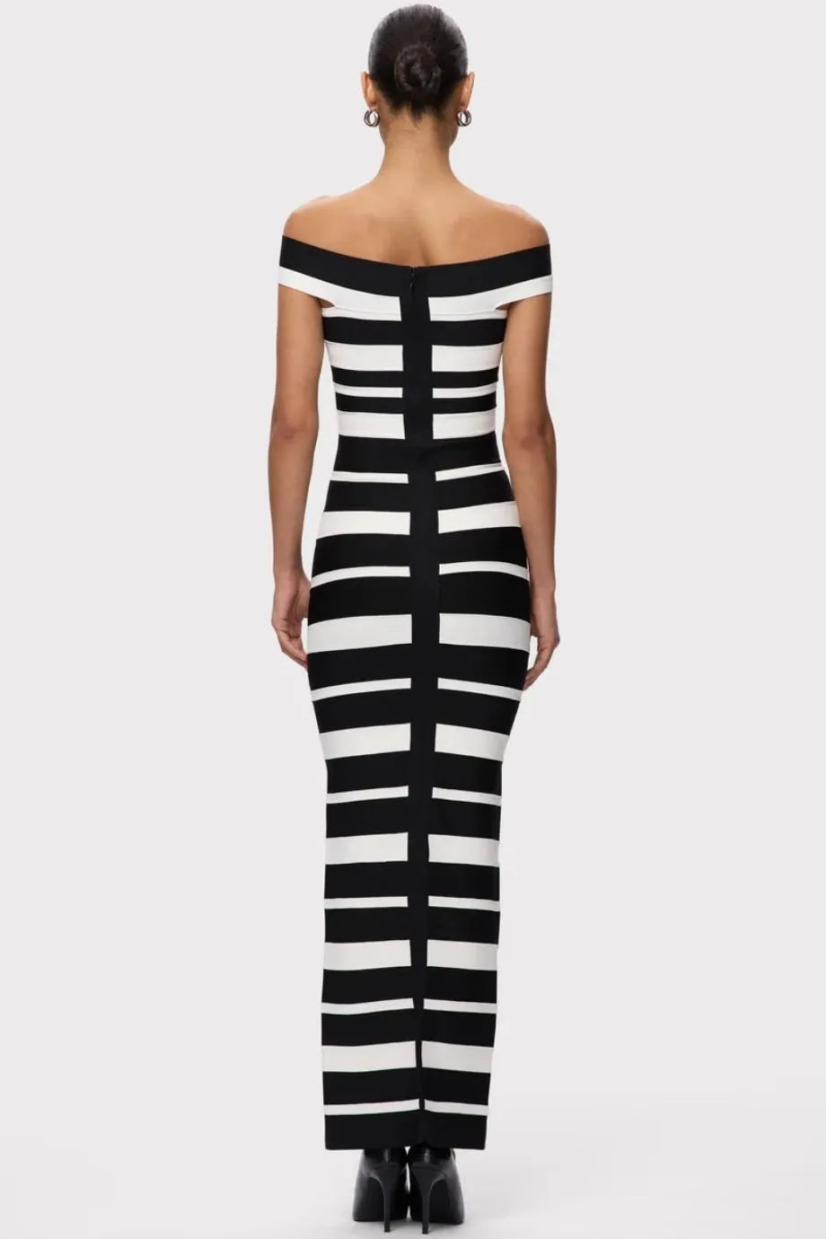 Kiva Off Shoulder Bandage Knit Maxi Dress in Black and White