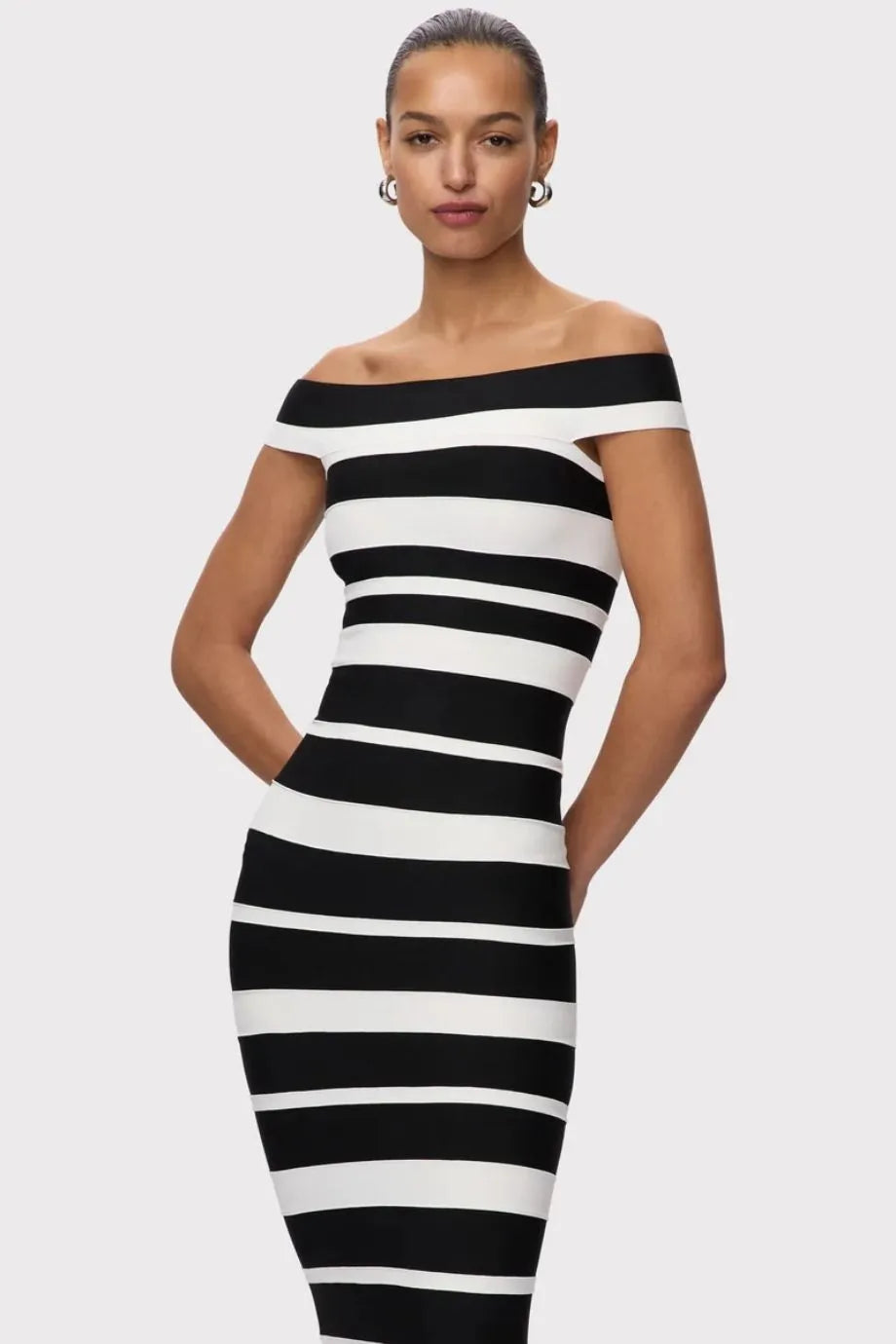Kiva Off Shoulder Bandage Knit Maxi Dress in Black and White