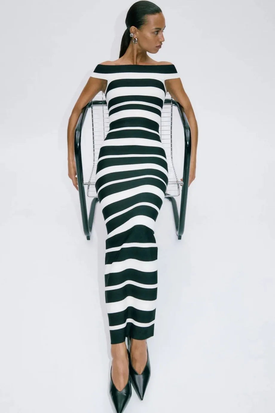 Kiva Off Shoulder Bandage Knit Maxi Dress in Black and White