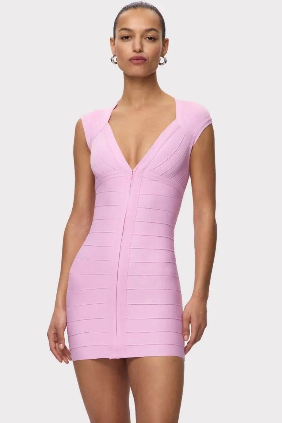 Buy the Red Carpet V Neck Bandage Knit Mini Dress in Pink