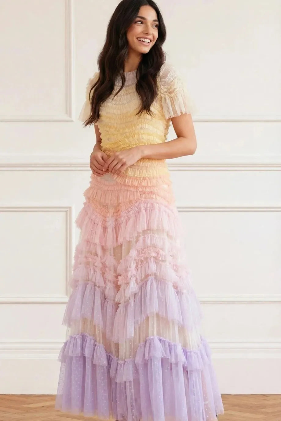 Wild Rose Ombre Ruffles Evening Dress in Pink