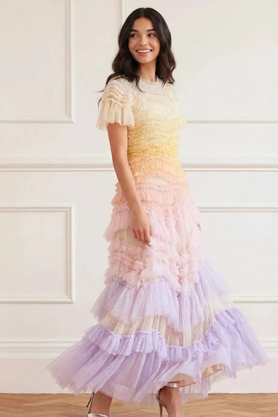 Wild Rose Ombre Ruffles Evening Dress in Pink