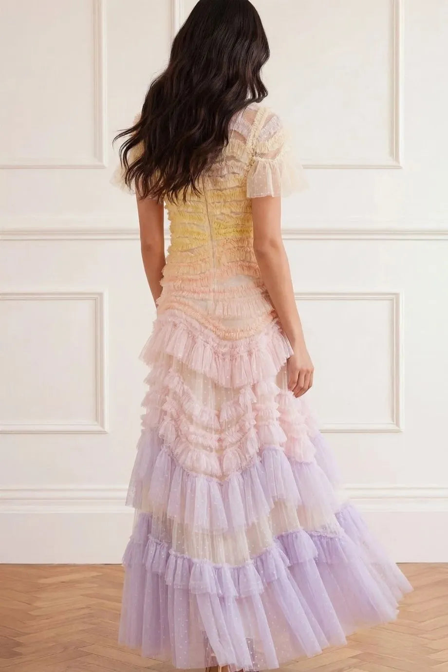 Wild Rose Ombre Ruffles Evening Dress in Pink