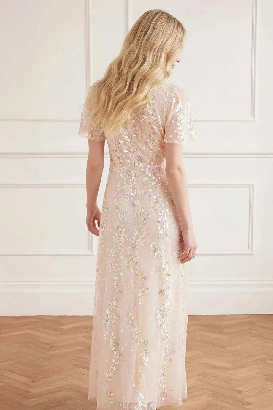 Confetti Sequins Evening Dress in Cream