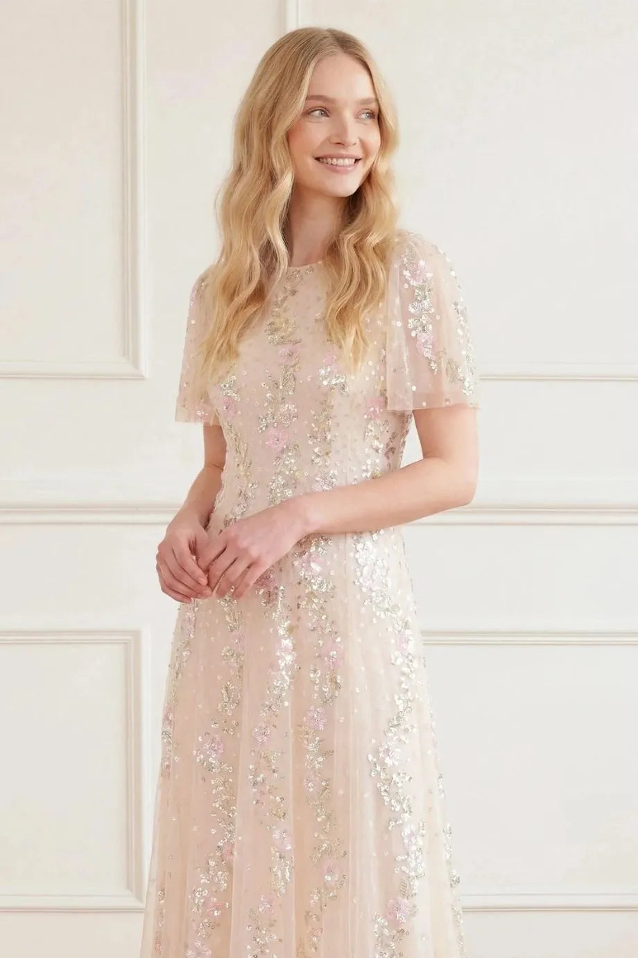 Confetti Sequins Evening Dress in Cream
