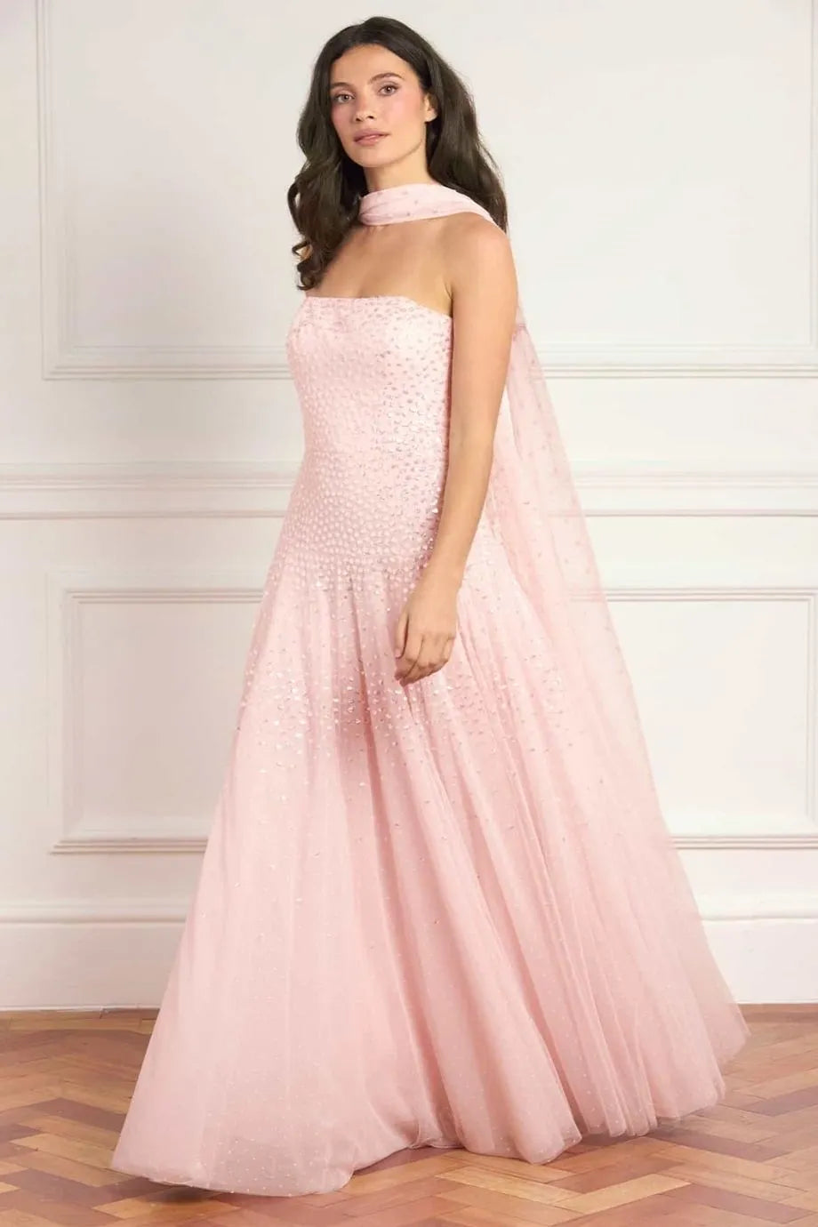 strapless open back dress Hailey Satin Maxi Dress with Neck Scarf main image 0