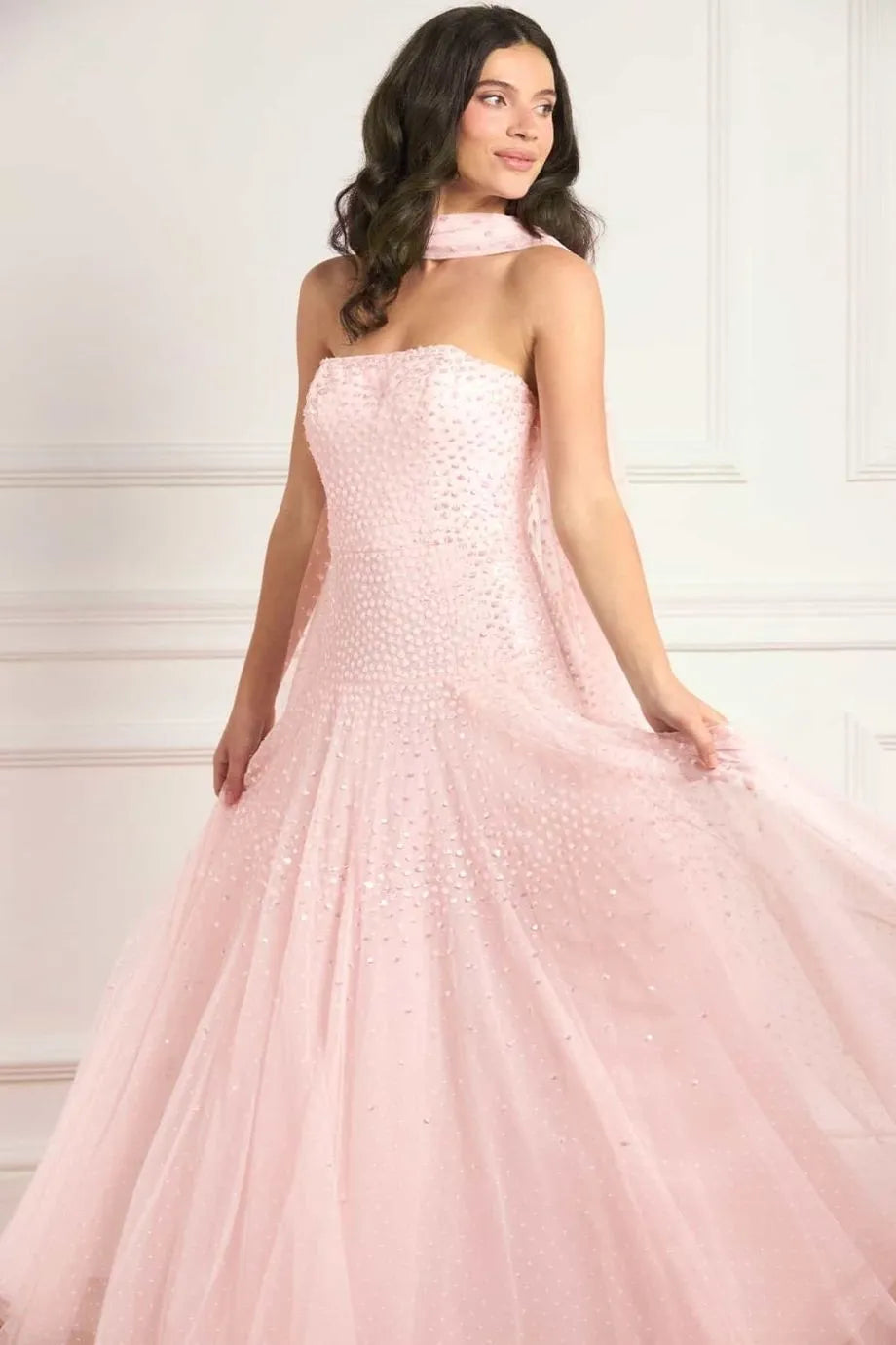 strapless open back dress Buy the Pink Sunrise Sequins Evening Dress with Scarf