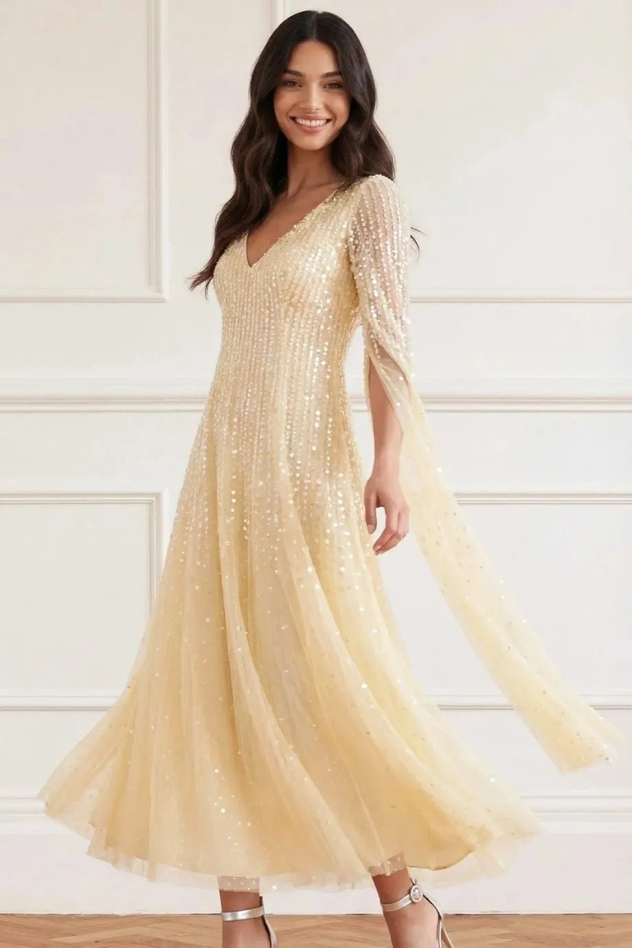 Moonlight Sequins Cape Sleeves Evening Dress in Yellow