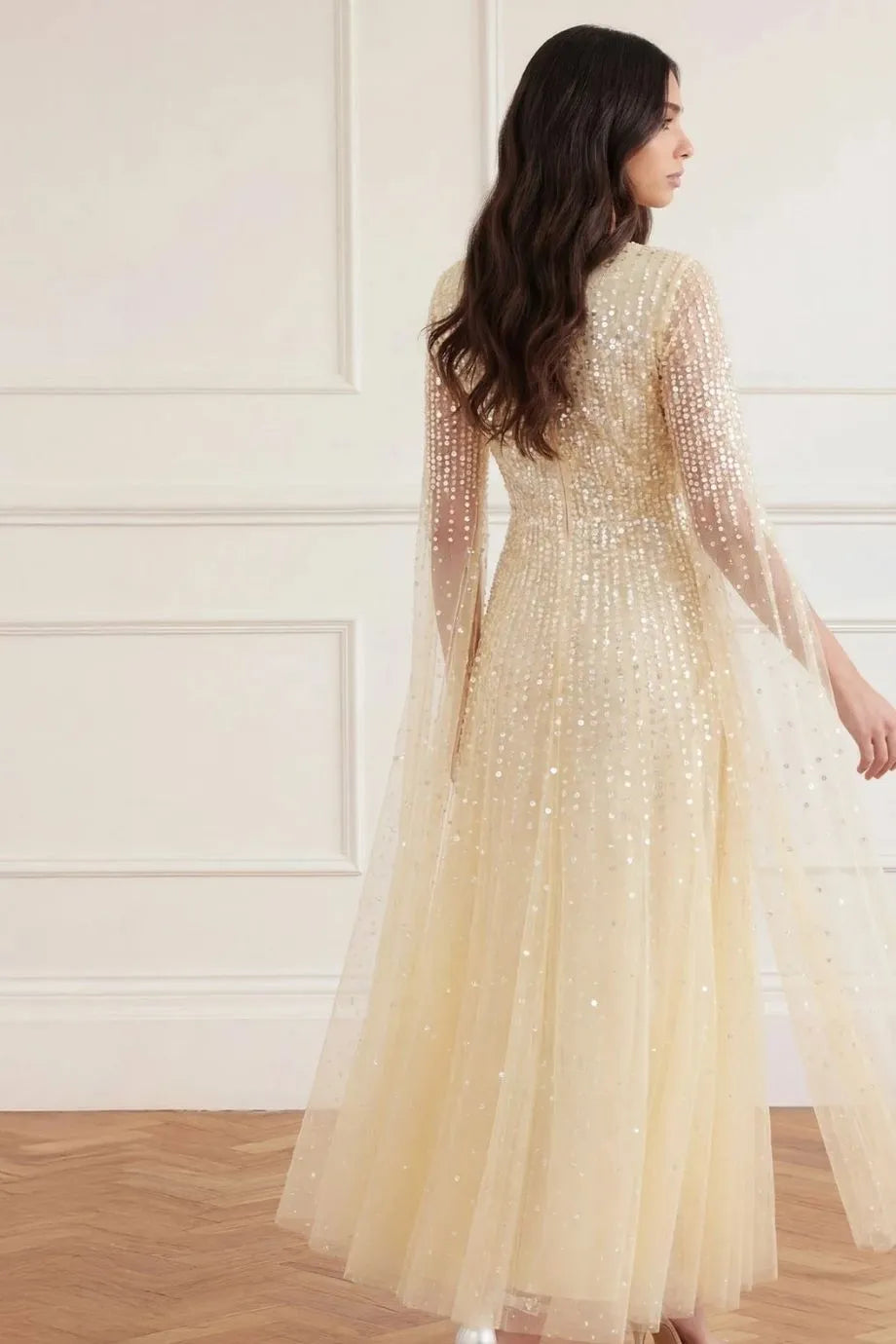 Buy the Yellow Moonlight Sequins Cape Sleeves Evening Dress Buy the Yellow Moonlight Sequins Cape Sleeves Evening Dress