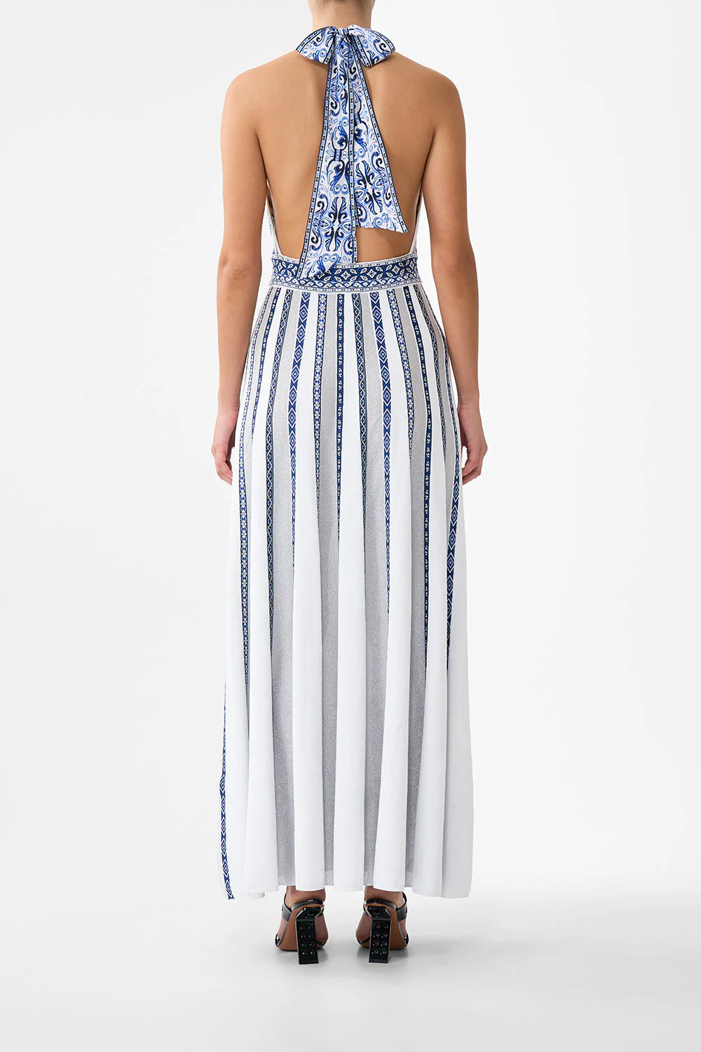 A Tiled Wonderland Halter Neck Sleeveless Knit Maxi Dress in White