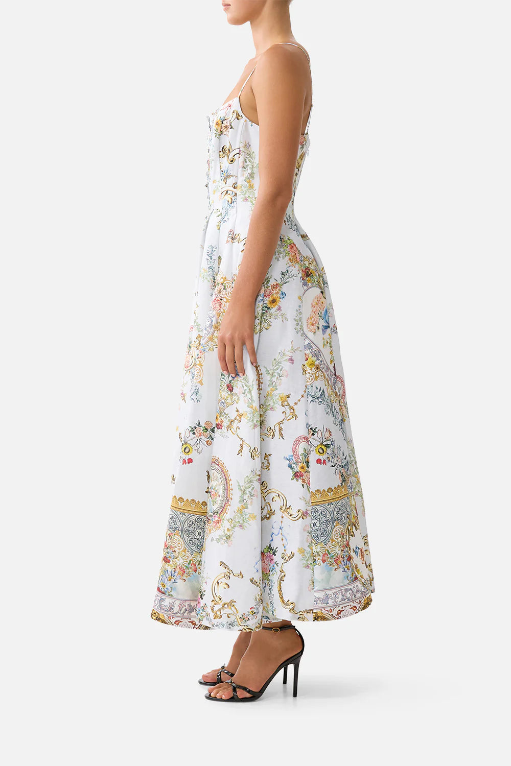 Seville Sweetheart Floral Sleeveless Linen Maxi Dress in White
