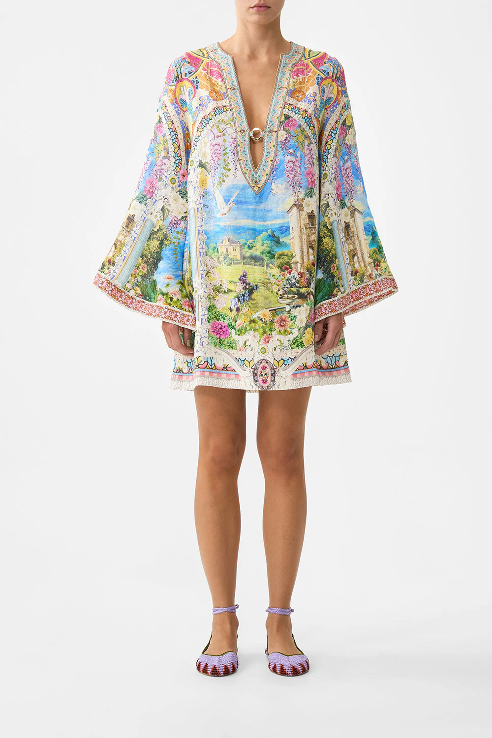 Navas Nouveau Floral Linen V Neck Mini Kaftan in White