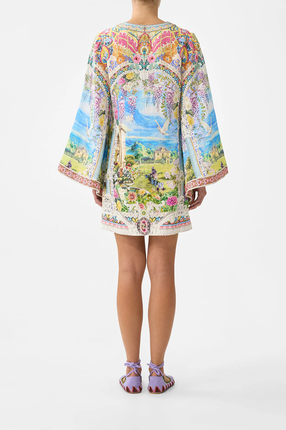 Navas Nouveau Floral Linen V Neck Mini Kaftan in White