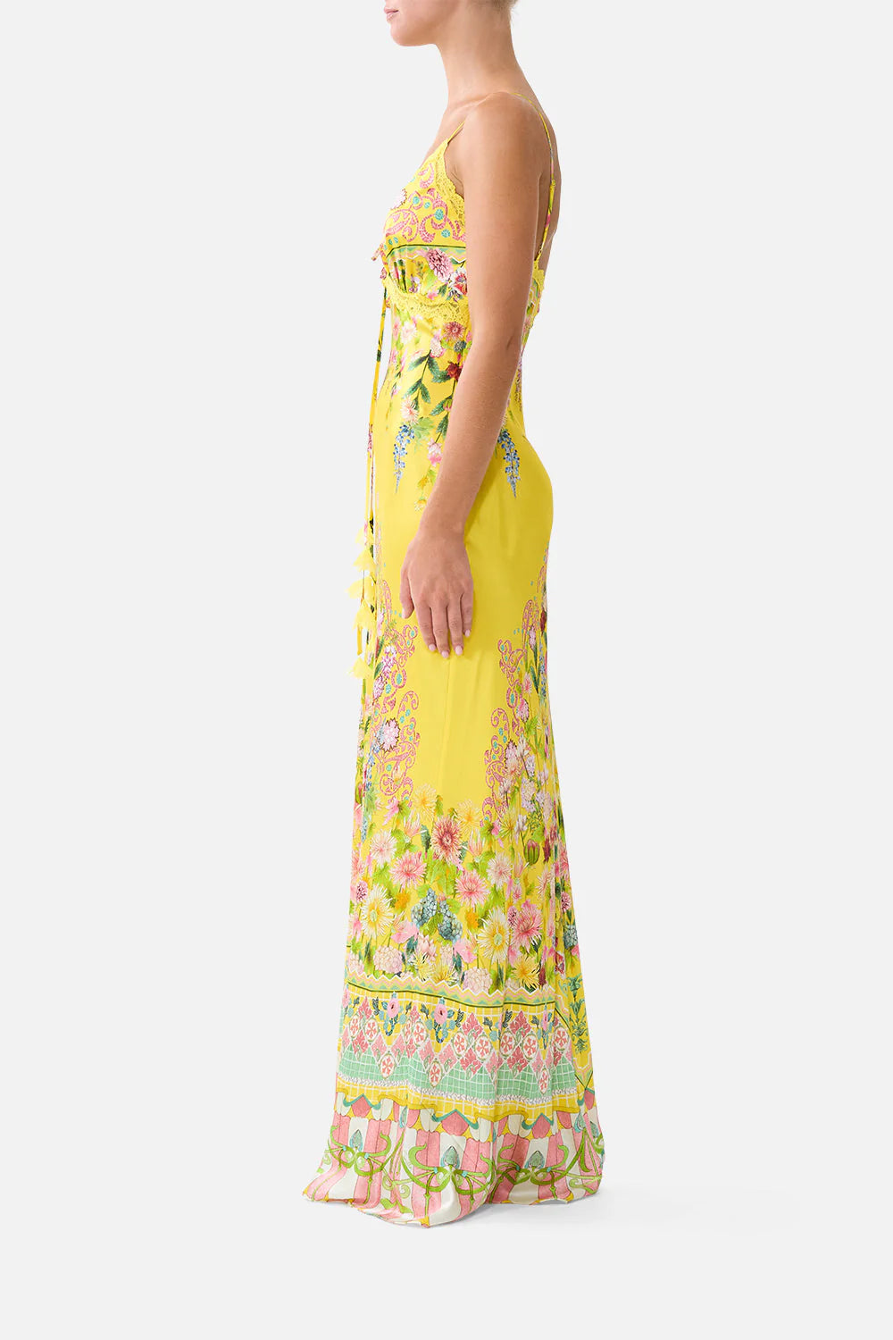 Lady Limonada Floral Silk Lace Sleeveless Slip Maxi Dress in Yellow