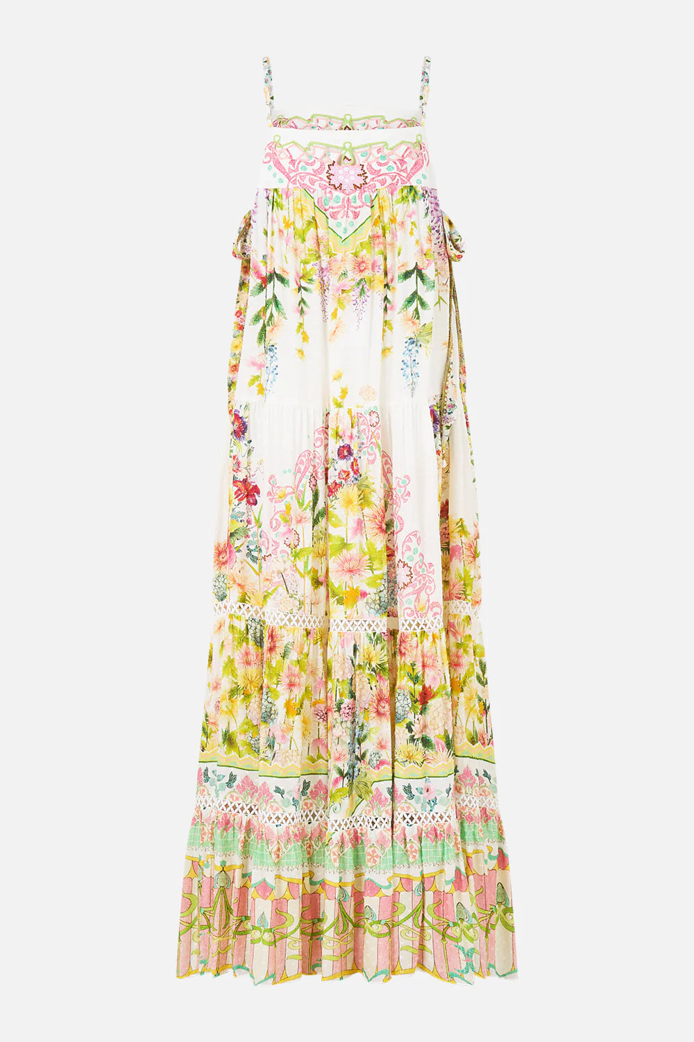 The Call Of Catalonia Floral Sleeveless Tiered Maxi Dress in White