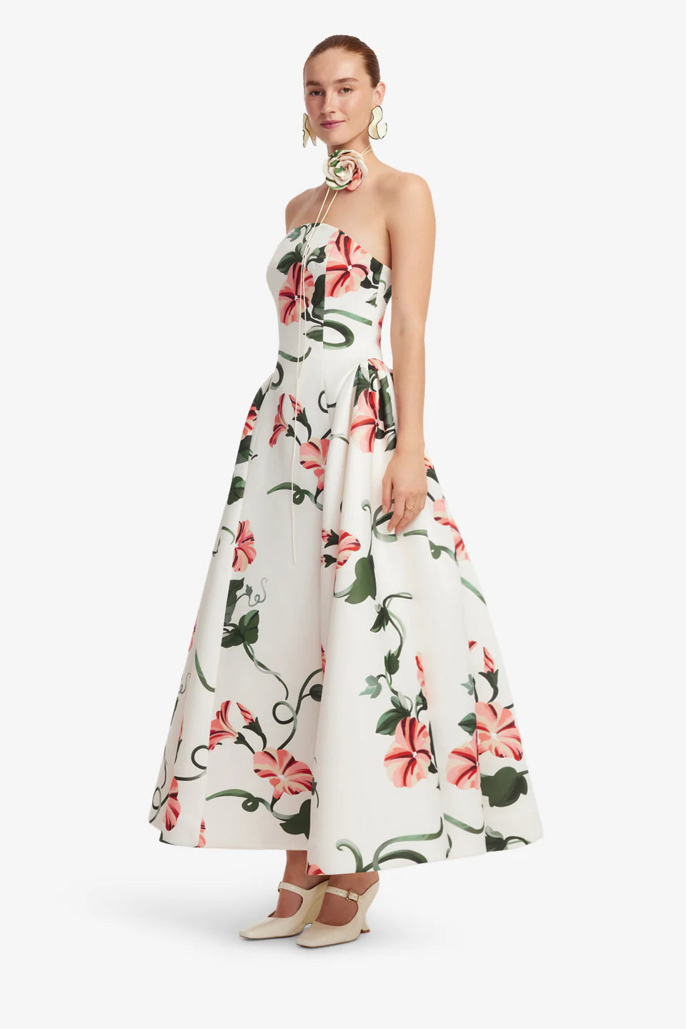 Violet Bustier Floral Maxi Dress in White with Neck Tie