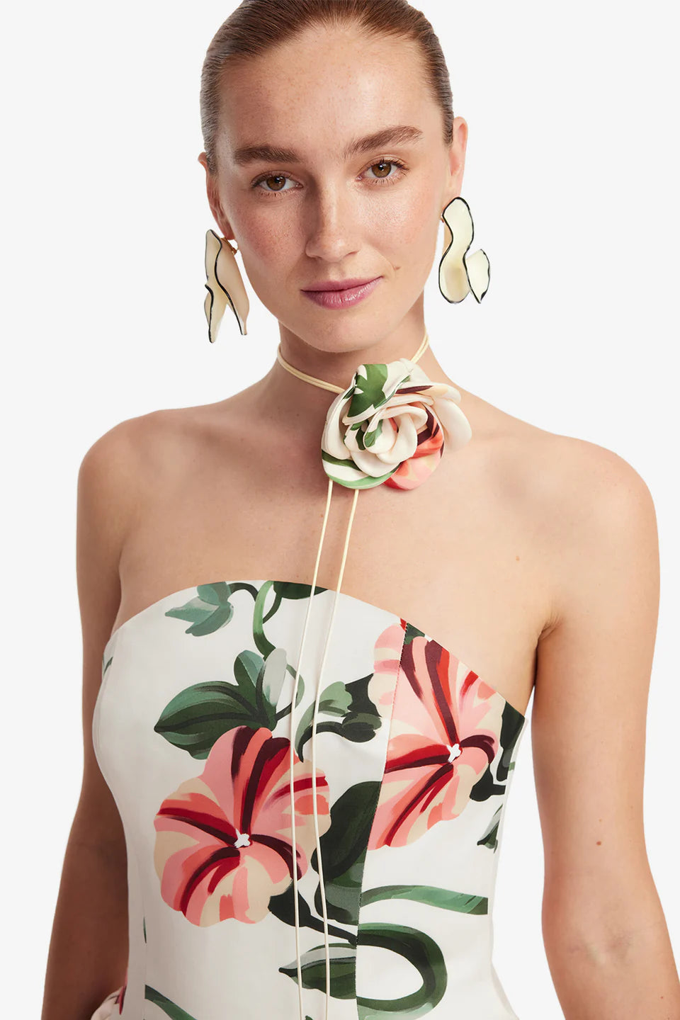 Violet Bustier Floral Maxi Dress in White with Neck Tie