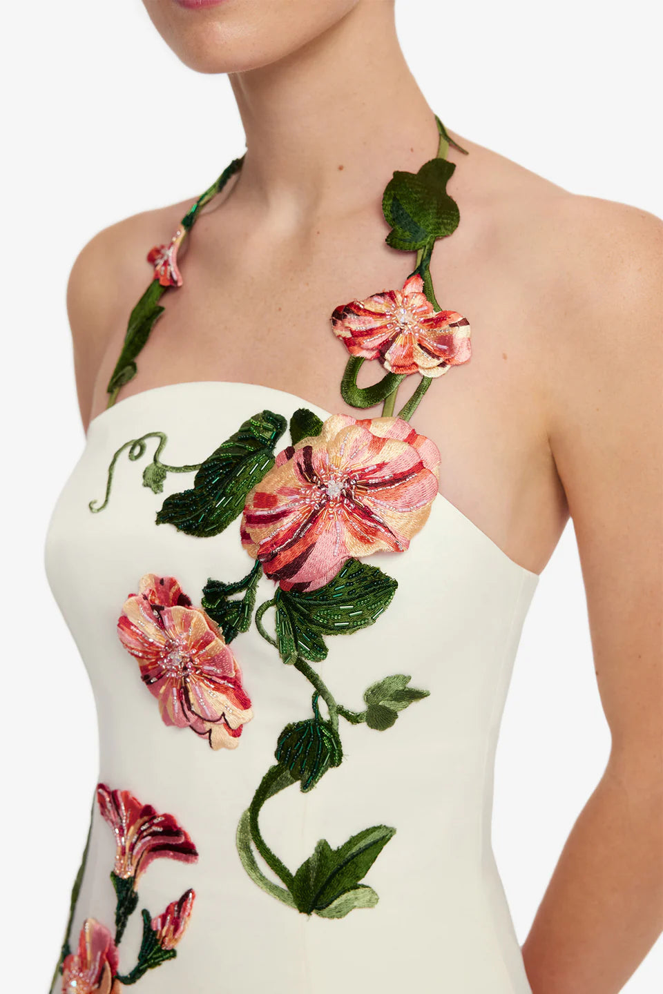 Ava Floral Applique Halter Neck Bustier Maxi Dress in White
