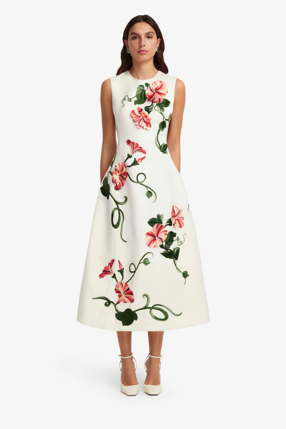 Cleo Floral Applique Sleeveless Midi Dress in White