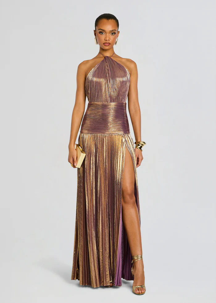 Thalia Halter Neck Evening Dress in Gold