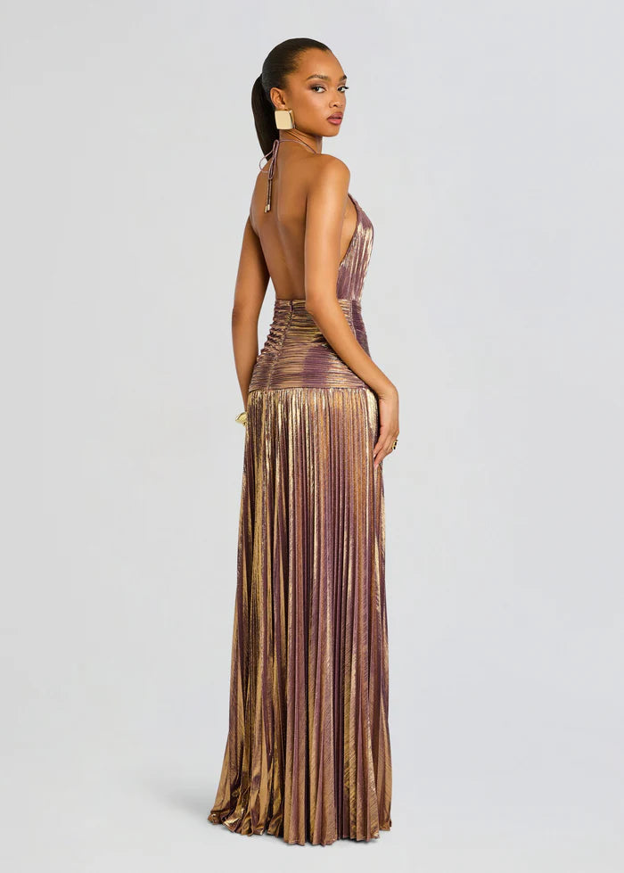 Thalia Halter Neck Evening Dress in Gold