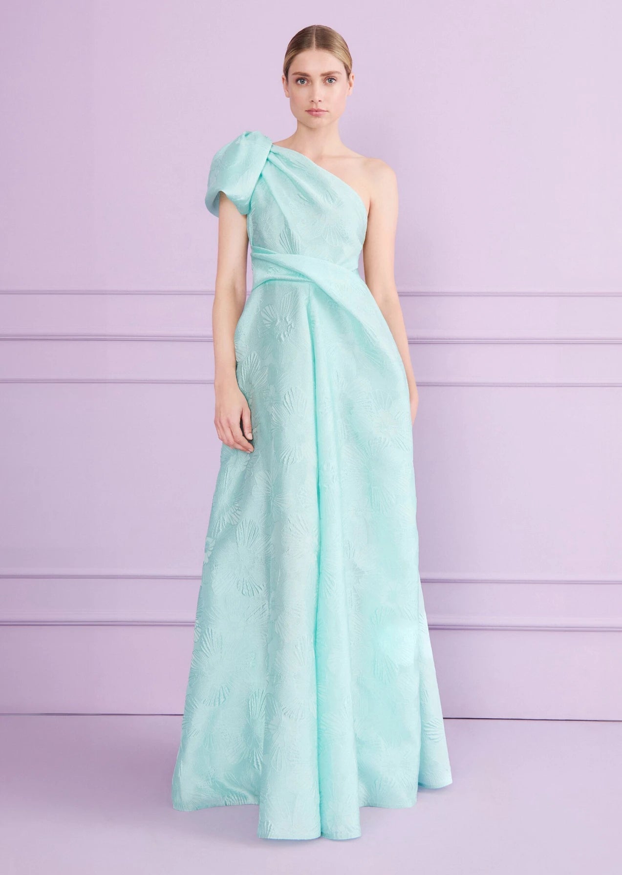 Anemone Jacquard One Shoulder Evening Dress in Blue