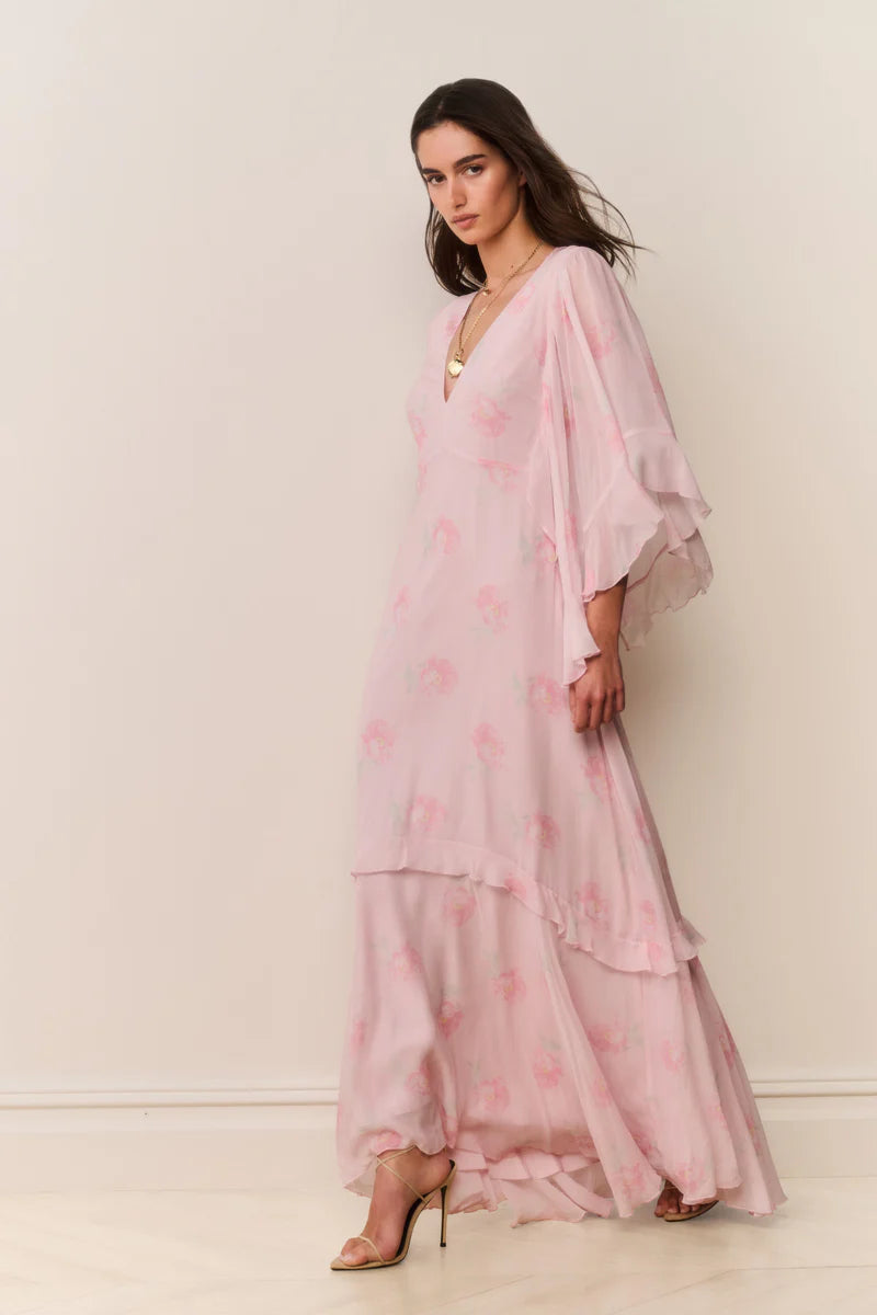 Brinley Floral Chiffon Maxi Dress in Pink