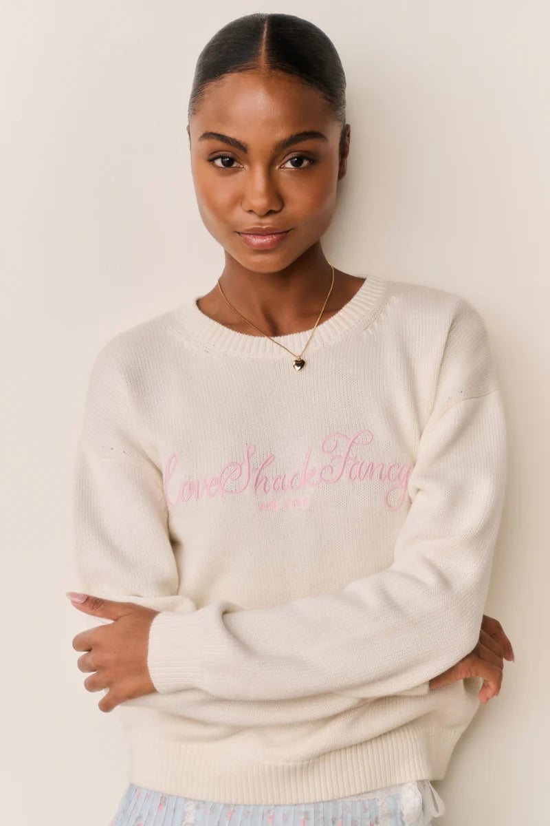 Selman Embroidered Cotton Wool Pullover Sweater in Cream