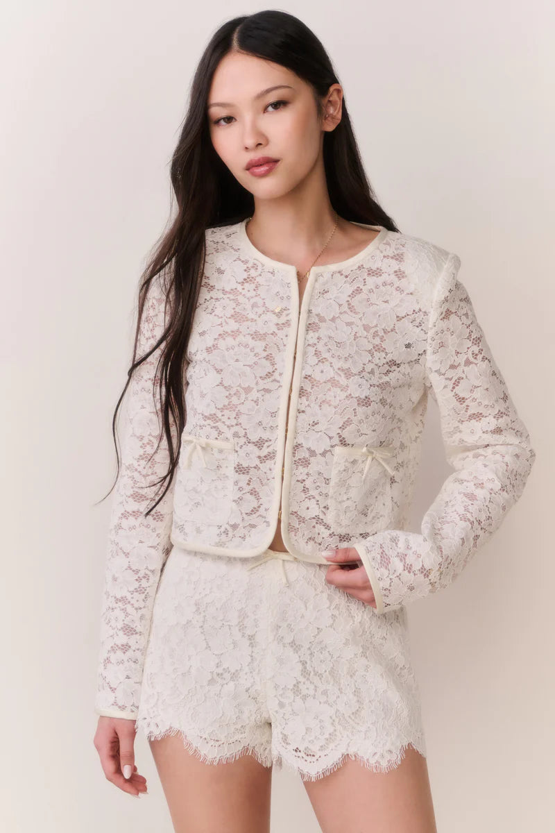 Junetta Cropped Cotton Lace Jacket in Cream