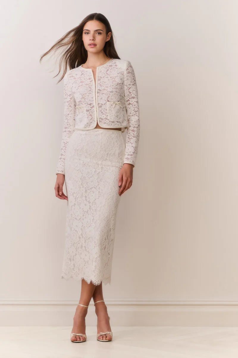 Ilse Cotton Lace Pencil Midi Skirt in Cream
