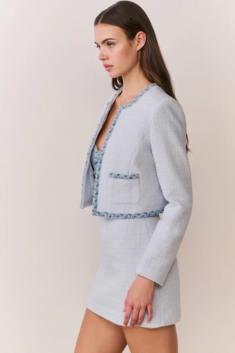 Azula Denim Trimmed Tweed Jacket in Blue