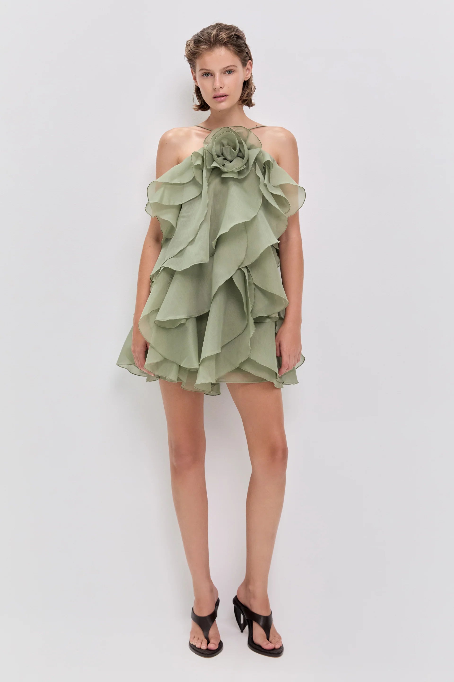 Pandorea Floral Ruffles Sleeveless Mini Dress in Green