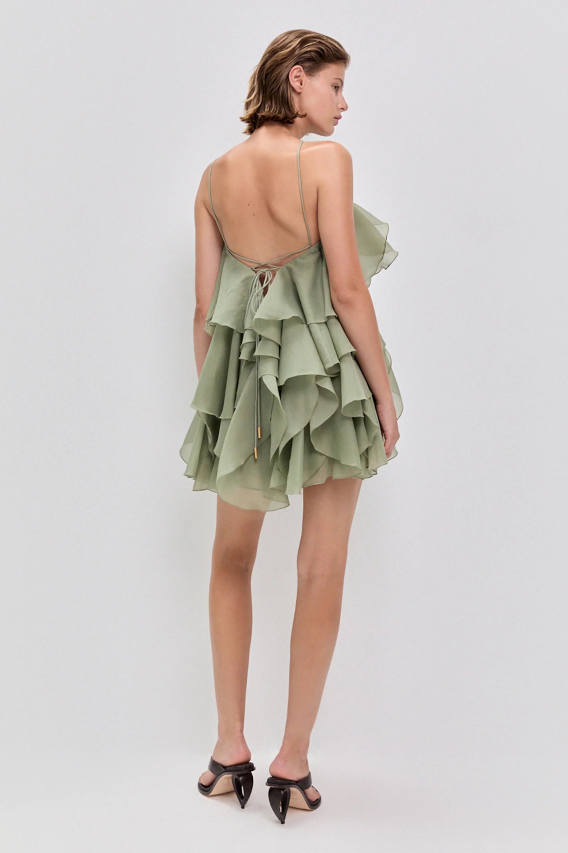 Pandorea Floral Ruffles Sleeveless Mini Dress in Green