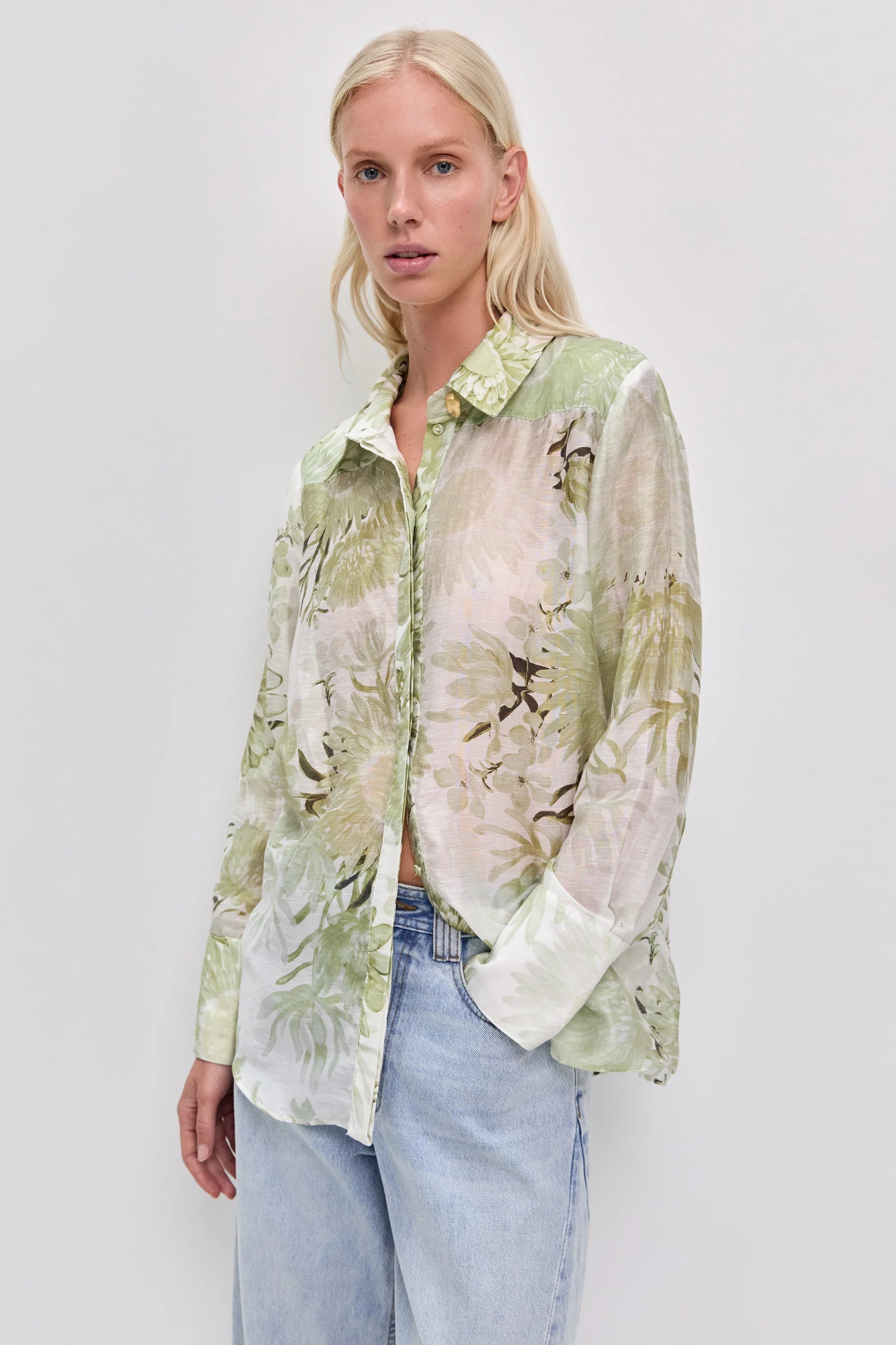 Reflector Floral Long Sleeves Linen Shirt in White