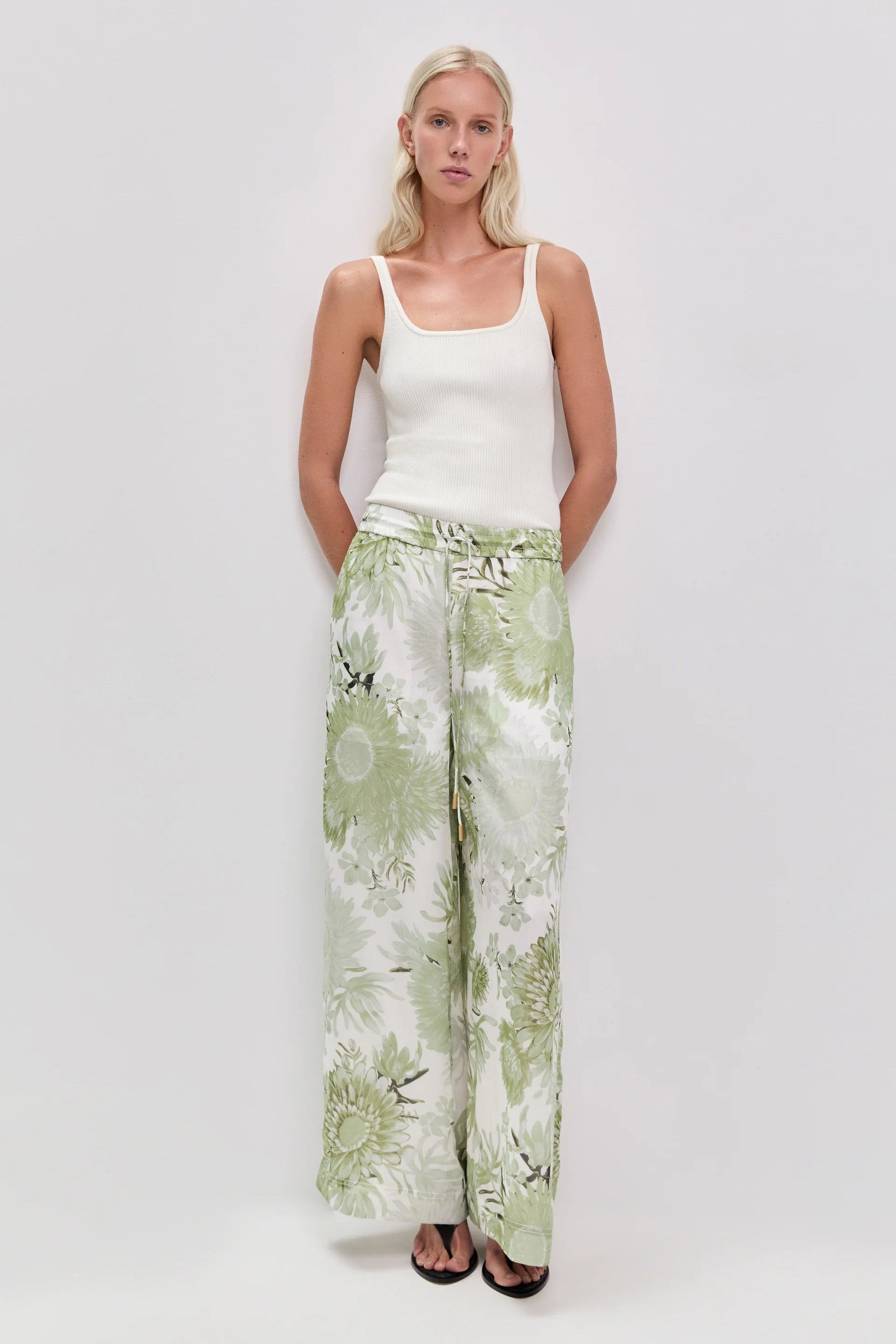 Adina Floral Linen Wide Legged Pants in White