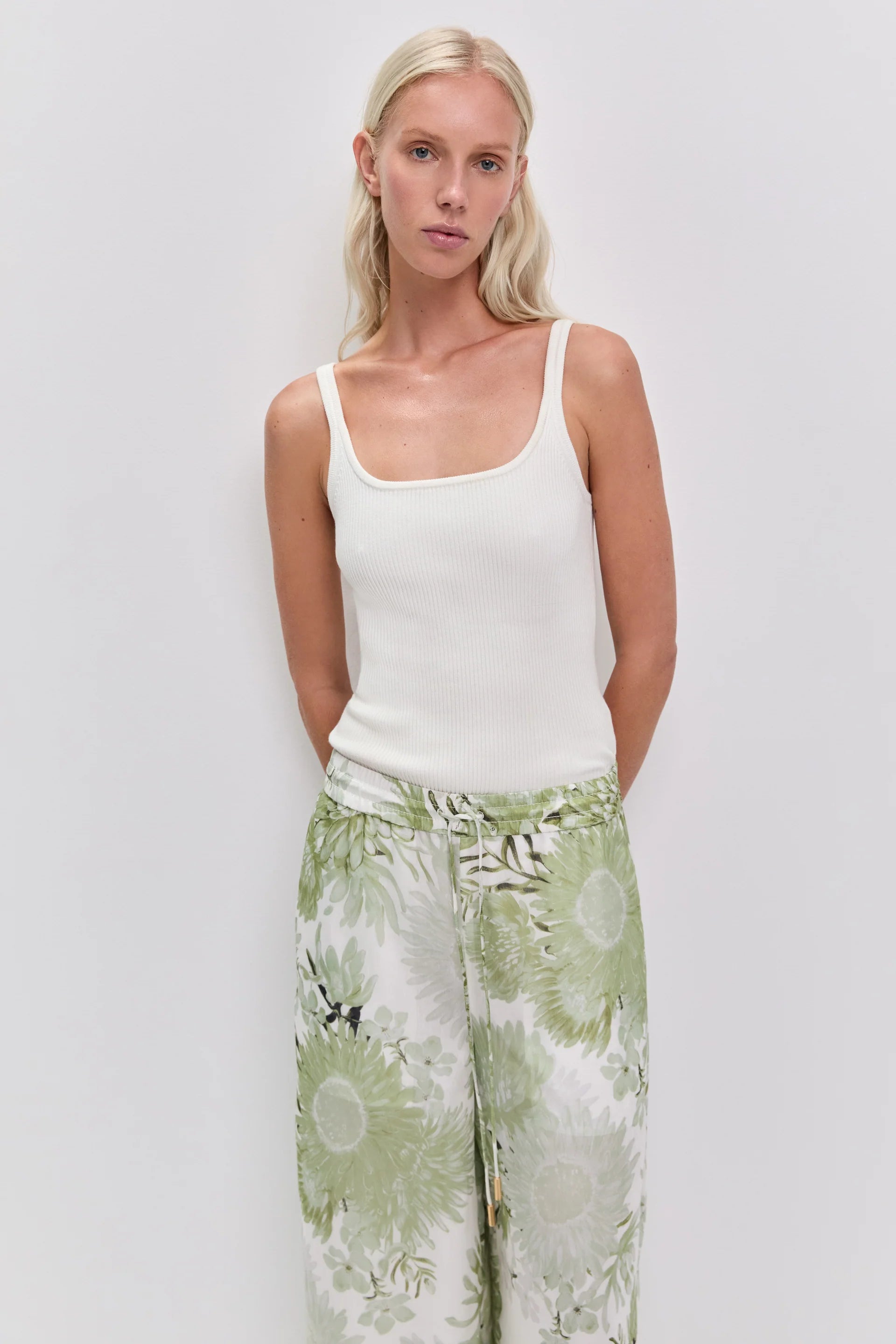 Adina Floral Linen Wide Legged Pants in White