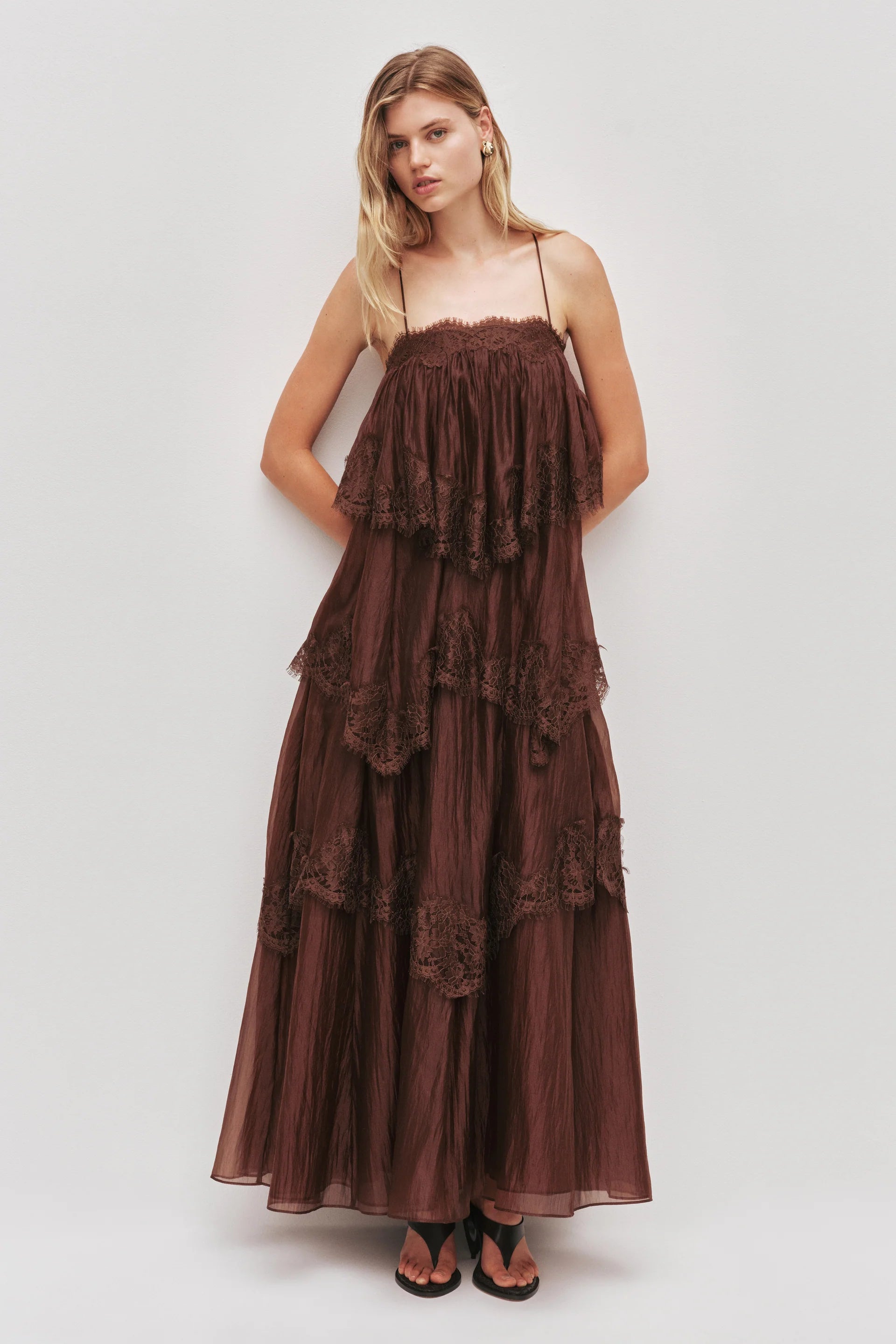 Ophelia Sleeveless Lace Maxi Dress in Brown