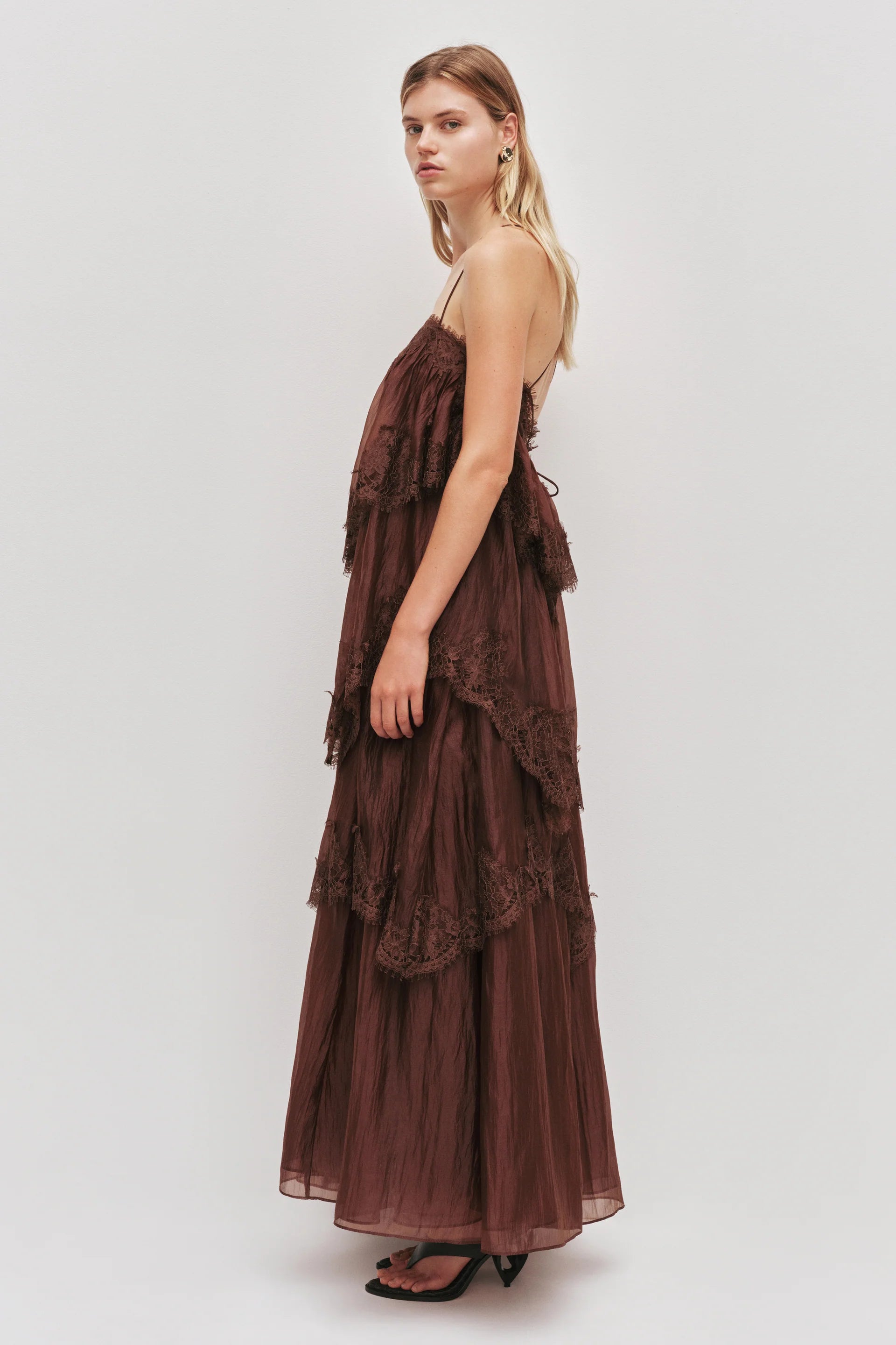 Ophelia Sleeveless Lace Maxi Dress in Brown