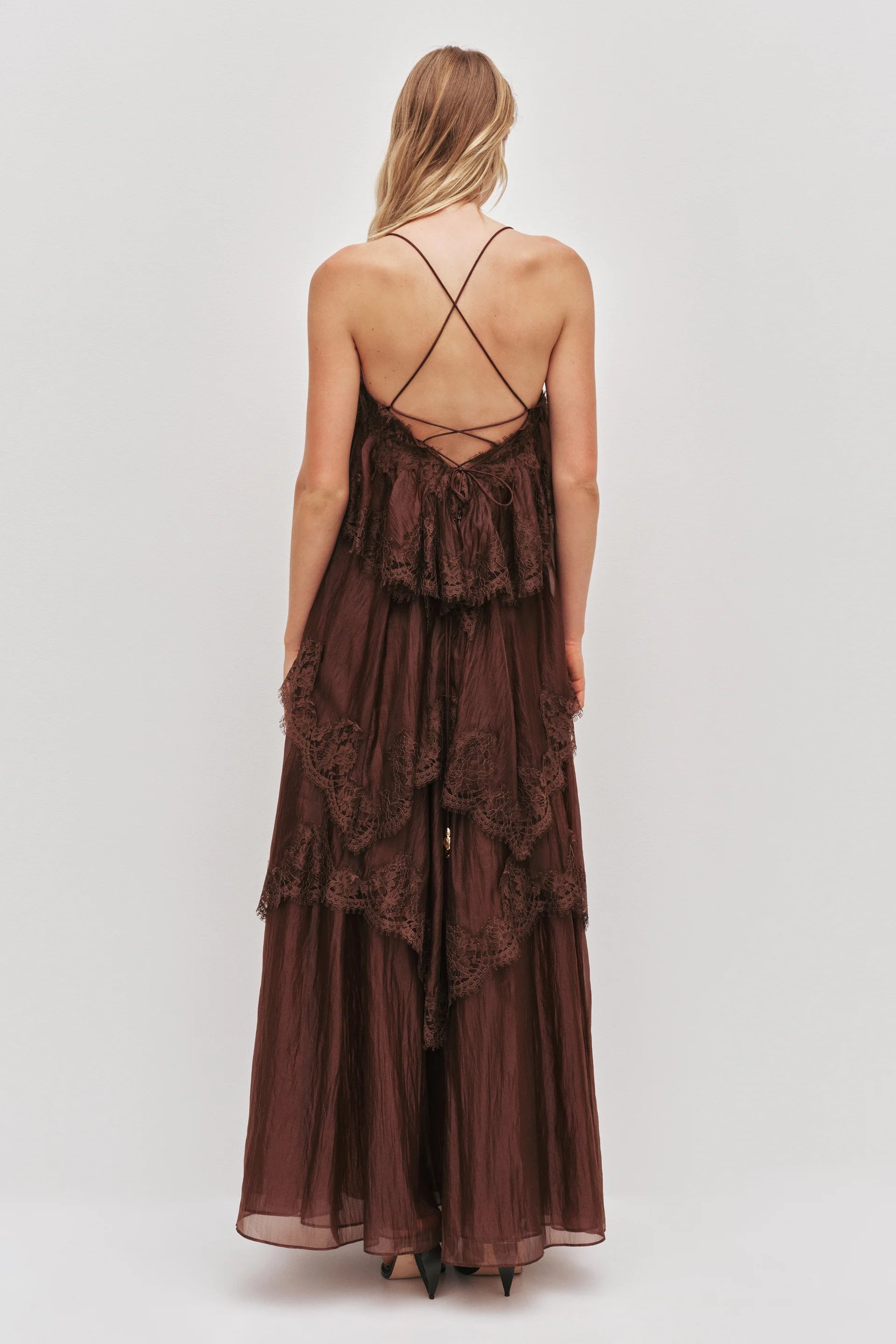 Ophelia Sleeveless Lace Maxi Dress in Brown