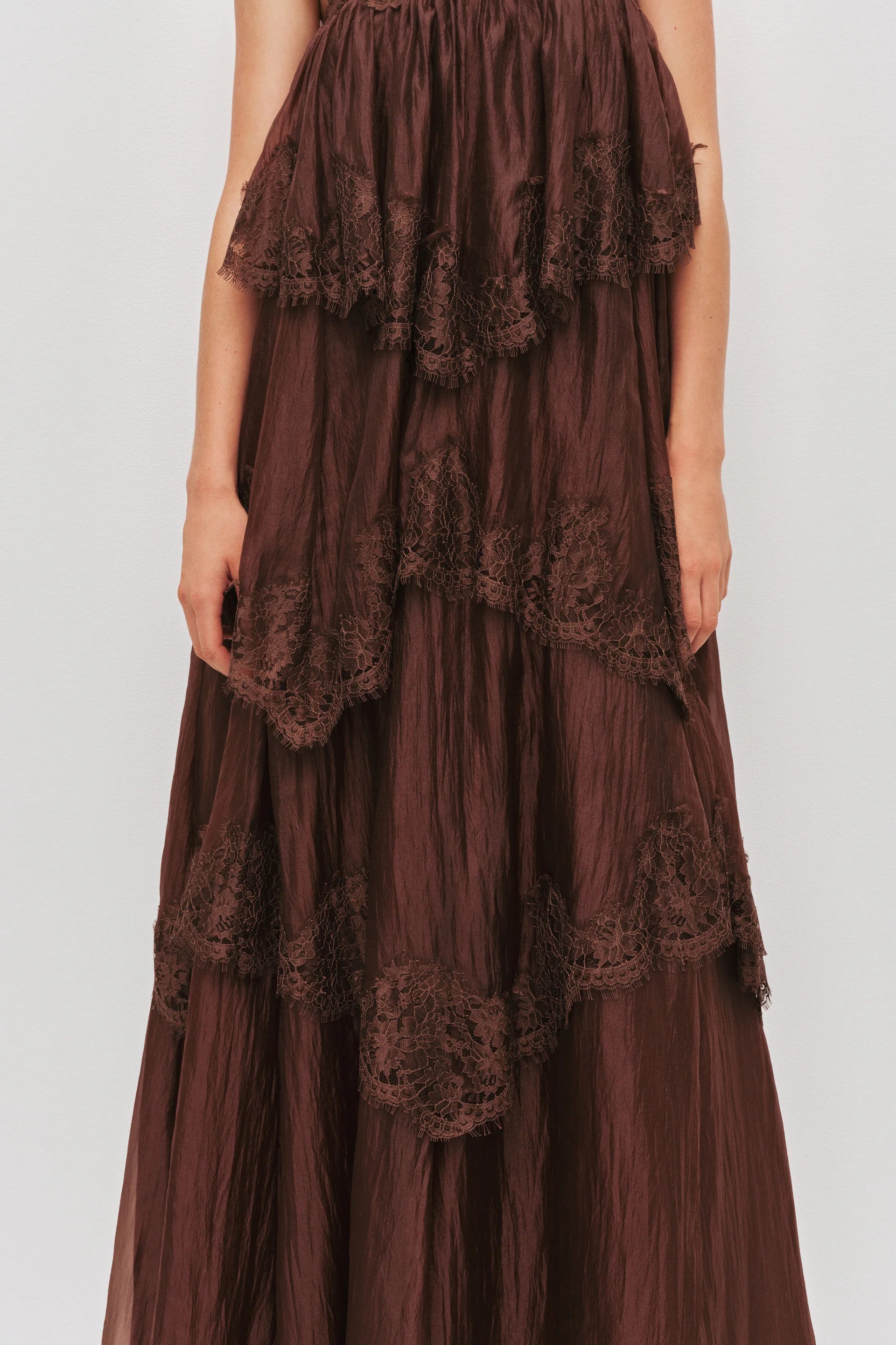 Ophelia Sleeveless Lace Maxi Dress in Brown
