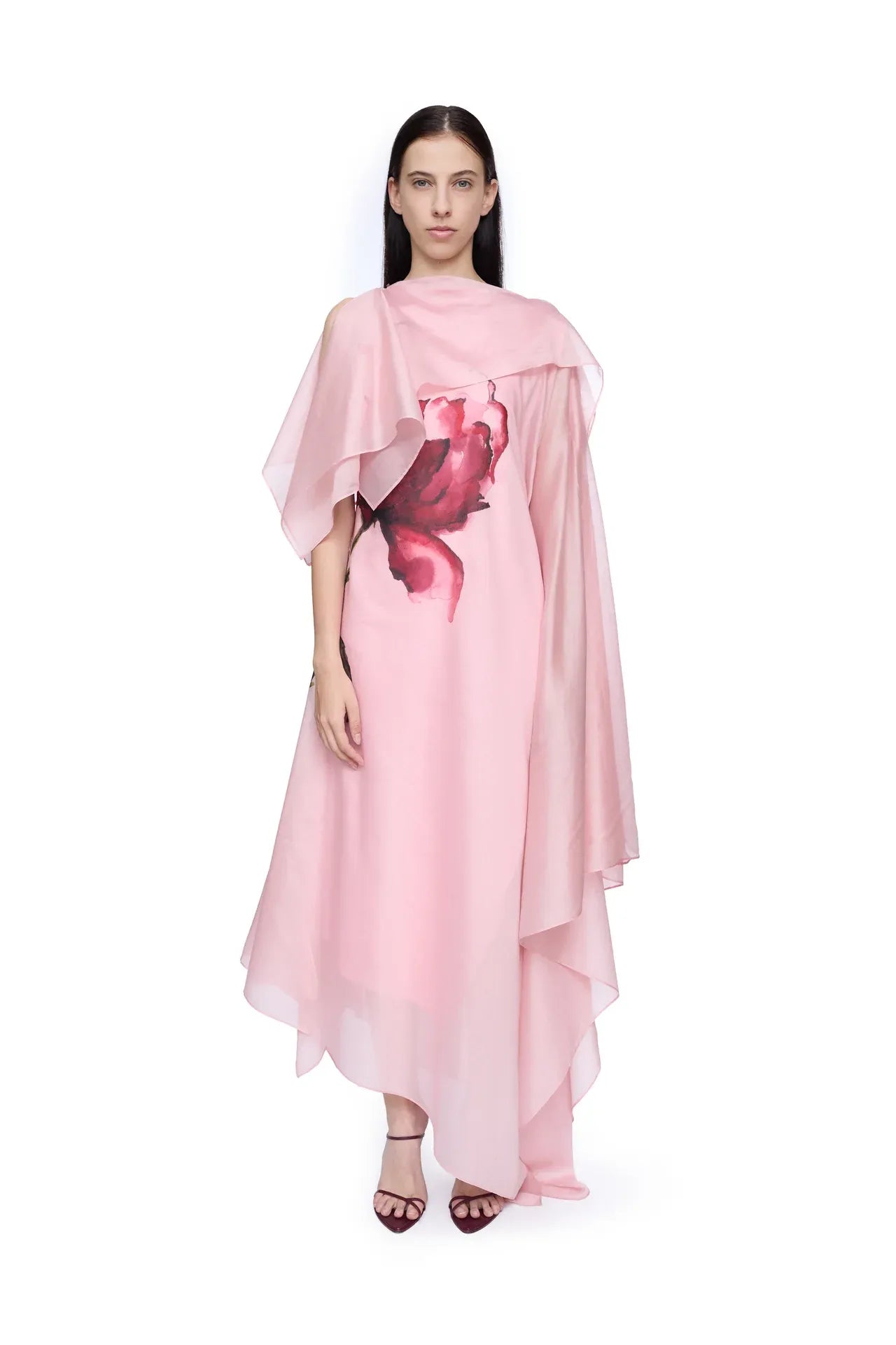 Watercolor Flower Printed Floral Scarf Linen Cotton Midi Dress in Pink