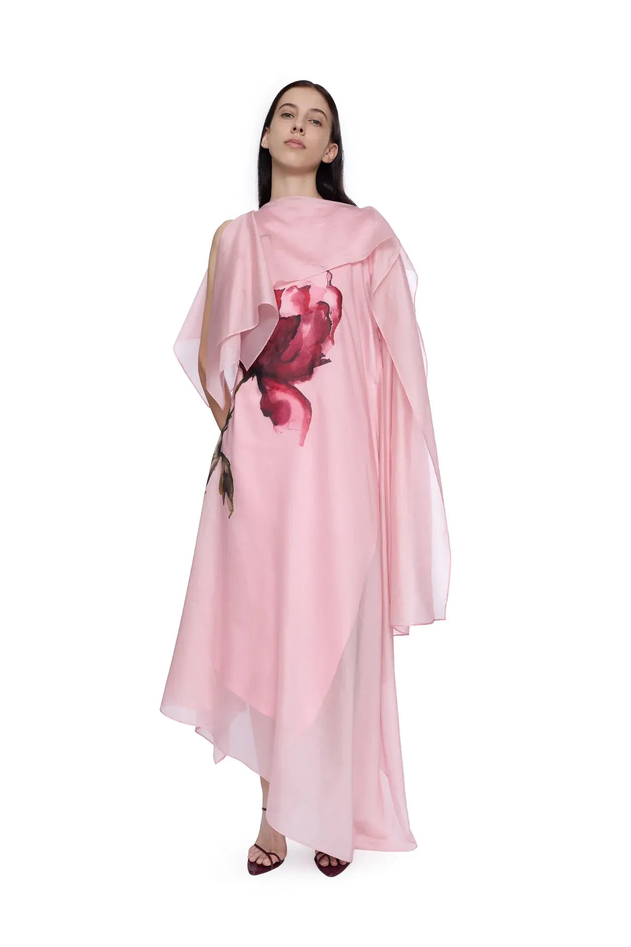 Watercolor Flower Printed Floral Scarf Linen Cotton Midi Dress in Pink