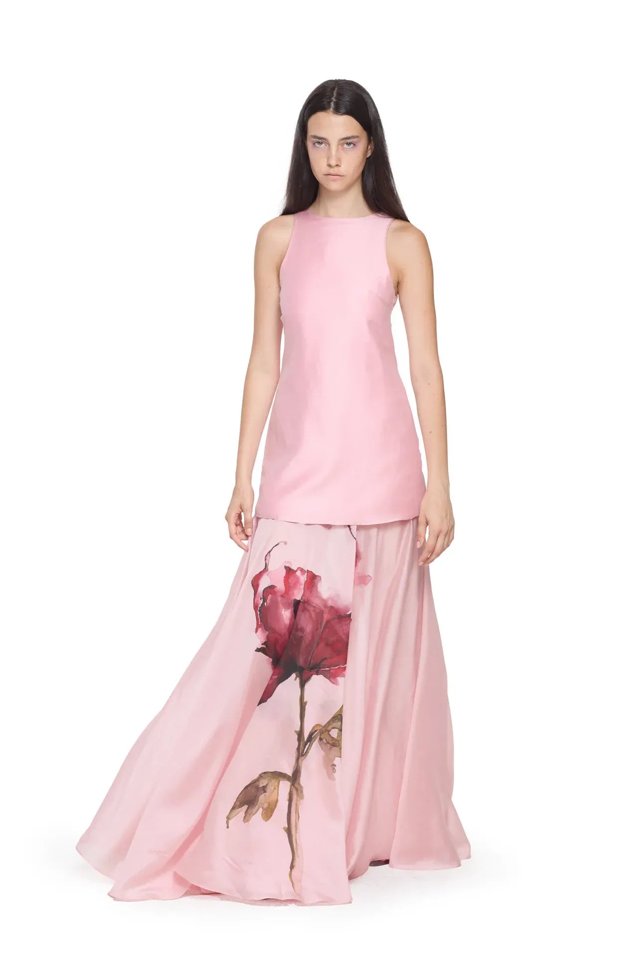 Watercolor Flower Printed Floral Linen Cotton Maxi Dress in Pink