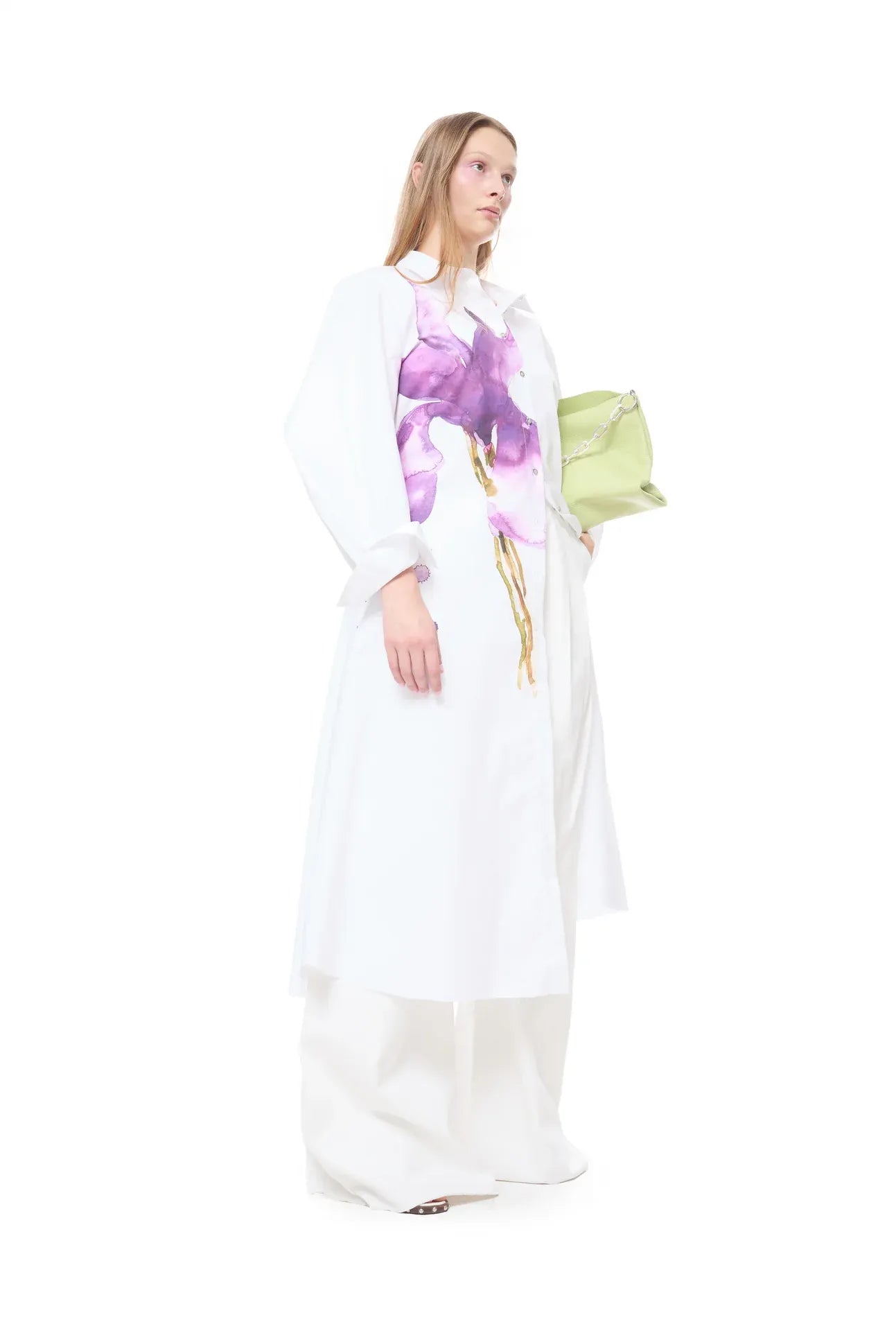 Watercolor Flower Printed Floral Organic Cotton Maxi Dress in White